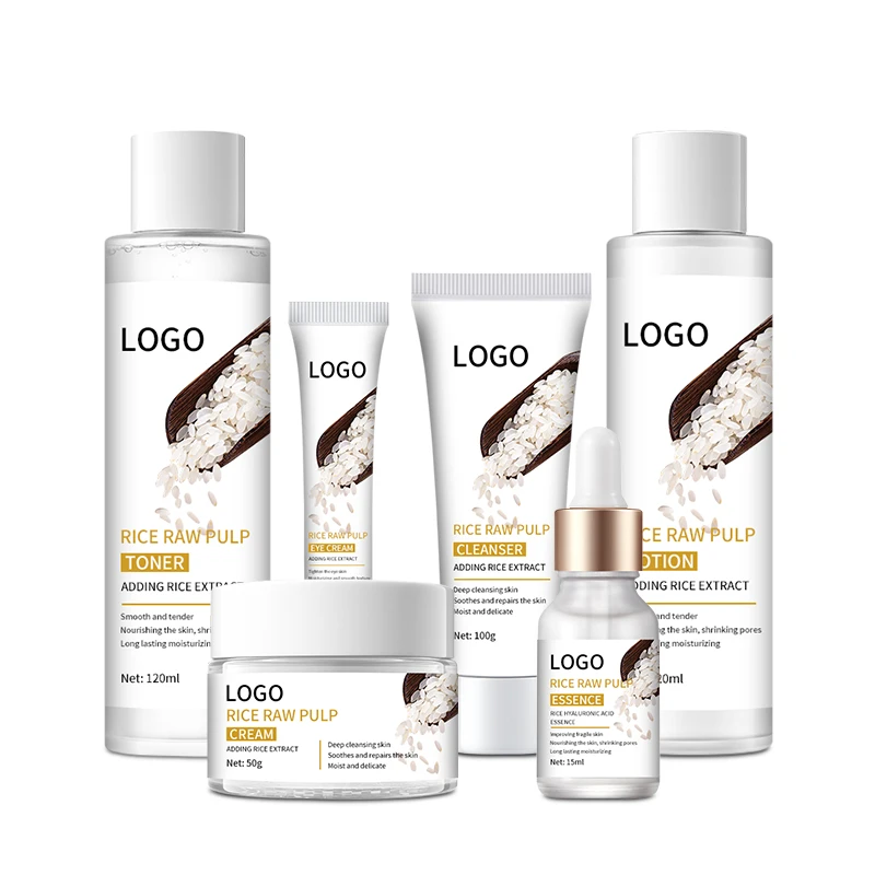 Private Label OEM Natural Organic face Skin bleaching Tightening anti aging bleach Moisturizer Whitening rice Skincare set