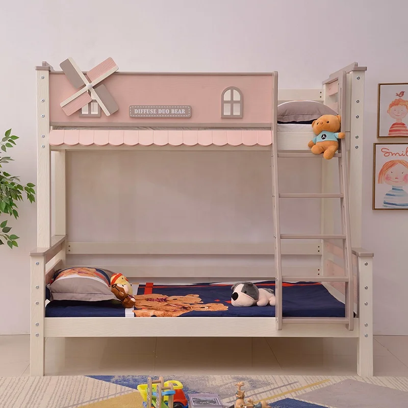 MIDOSO Beauty Modern Hotel Children Dormitory Bedroom Furniture Kid Double Loft Beds Set with Slide Bunk Wooden Wood Pink 1 Set