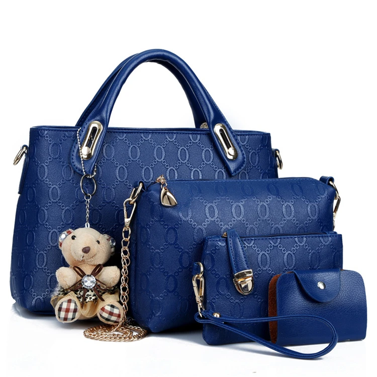 4 In 1 Trend Handbags Blue Latest Woman Pu Leather Ladies Bags White Handbags And Wallet For Women