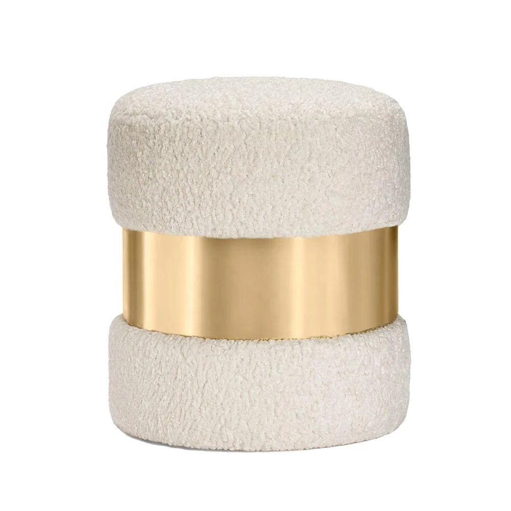 Decorative luxury Lamb Golden Living Room Stools Comfortable Round Long Fur Ottoman