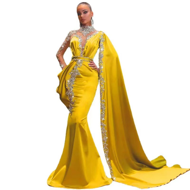 ladies prom dresses yellow sequins sexy ladies party dress lace V neck long elegant women evening dresses