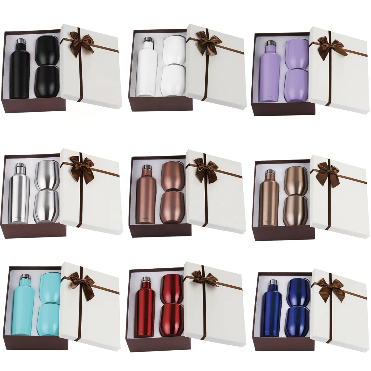 luxury insulated stainless steel wine tumbler chiller gift set with lid straw birthday 2*12oz tumbler 17oz wine bottle gift box