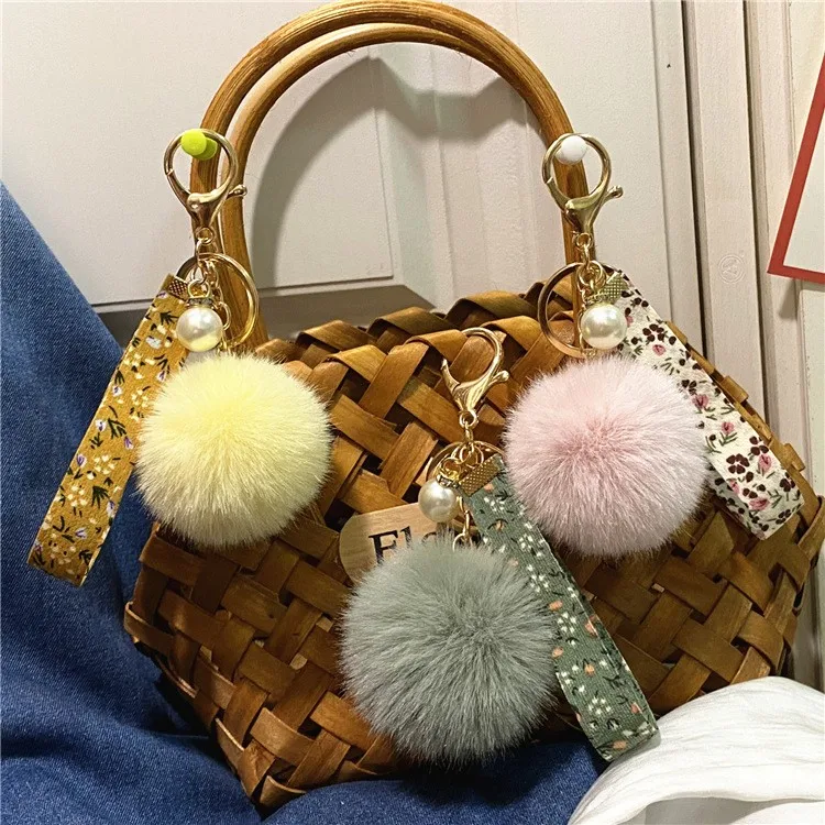 Multicolor Rabbit Fur Ball Keychain Favor Creative Floral Ribbon Keyring Cute Plush Bag Pendant Pearl Car Key Chain Accessories
