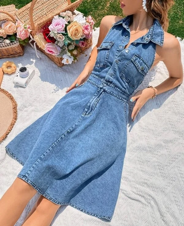 Trendy New Women Flap Pocket Backless Halter Denim Dress Ladies Jeans Dresses
