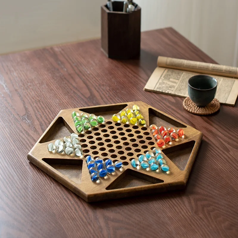 Wood Chinese Checkers Glass Bead Toys Leisure Board Jump Checkers Children Marbles Glass Ball Children Educational Toys