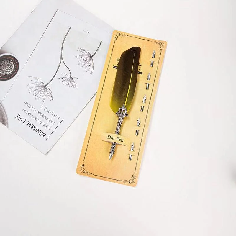 Creative Retro Feather Quill Pen Owl Feather Writing Dip Pen Hand Craft Copper Metal Pen with 5 Replaceable Nibs