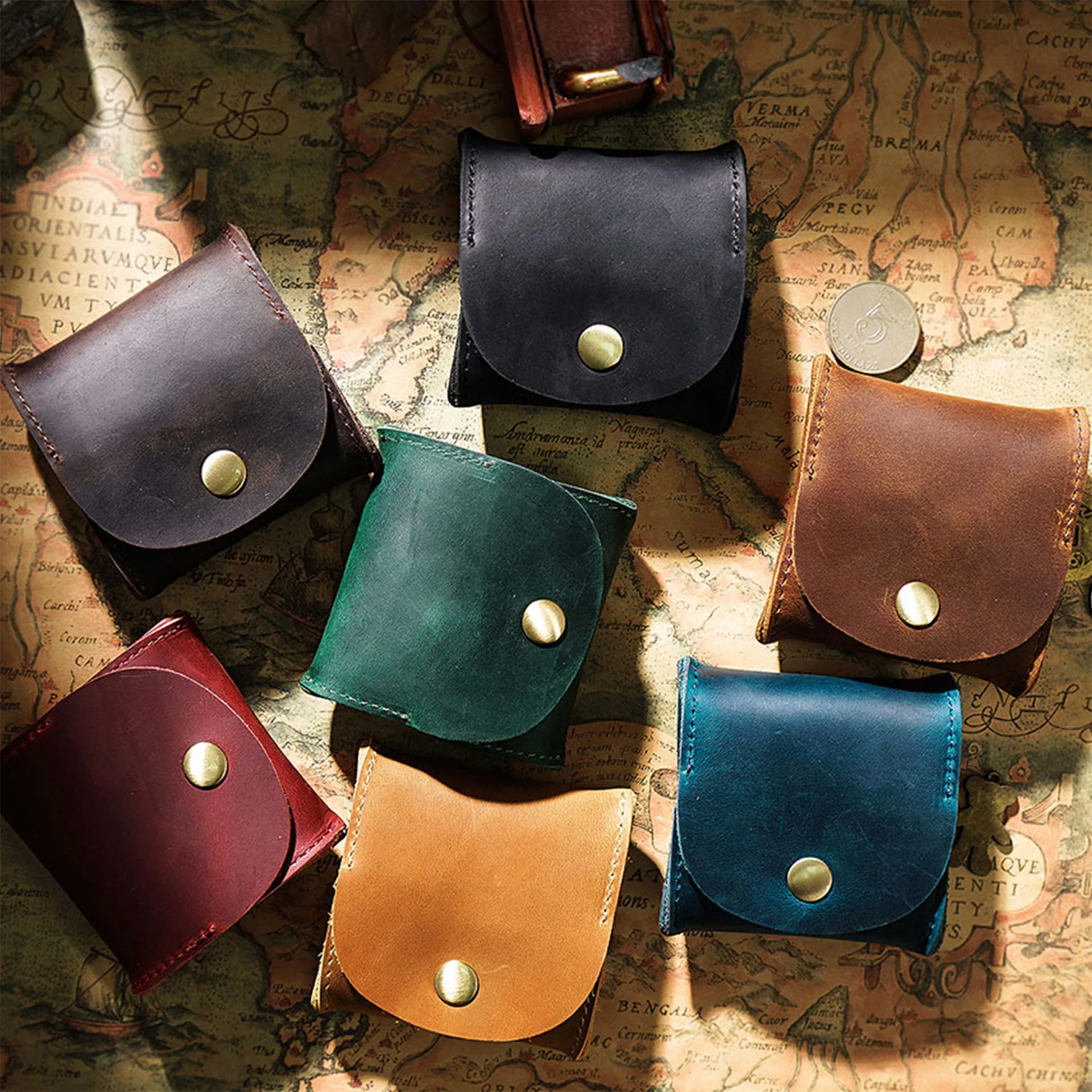 AIGUONIU Factory Custom Handmade Vintage Wallet Crazy Horse Genuine Leather Mini Coin Purse For Men And WomenStorage Card Pouch