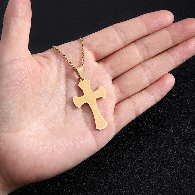 Christian Jesus Engraved 18K Gold Plated Stainless Steel Cross Pendant Charm Faith Based Necklaces Fashion Jewelry Wholesale