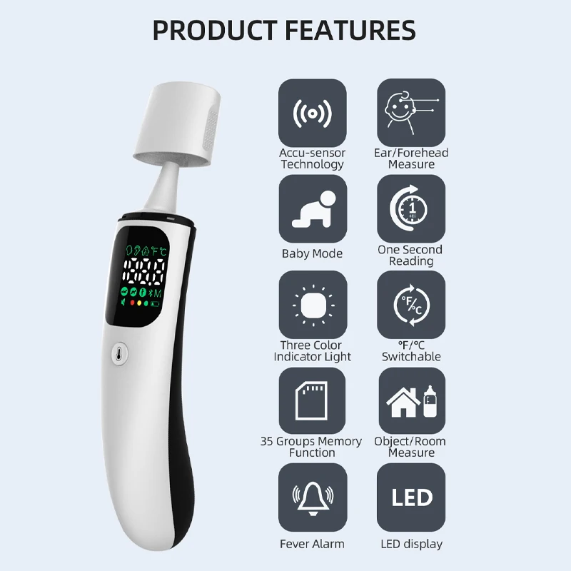 Multi functional Medical Smart Sensor Infrared Contact Fever Smart Baby Thermometer Forehead Ear With Probe Cover