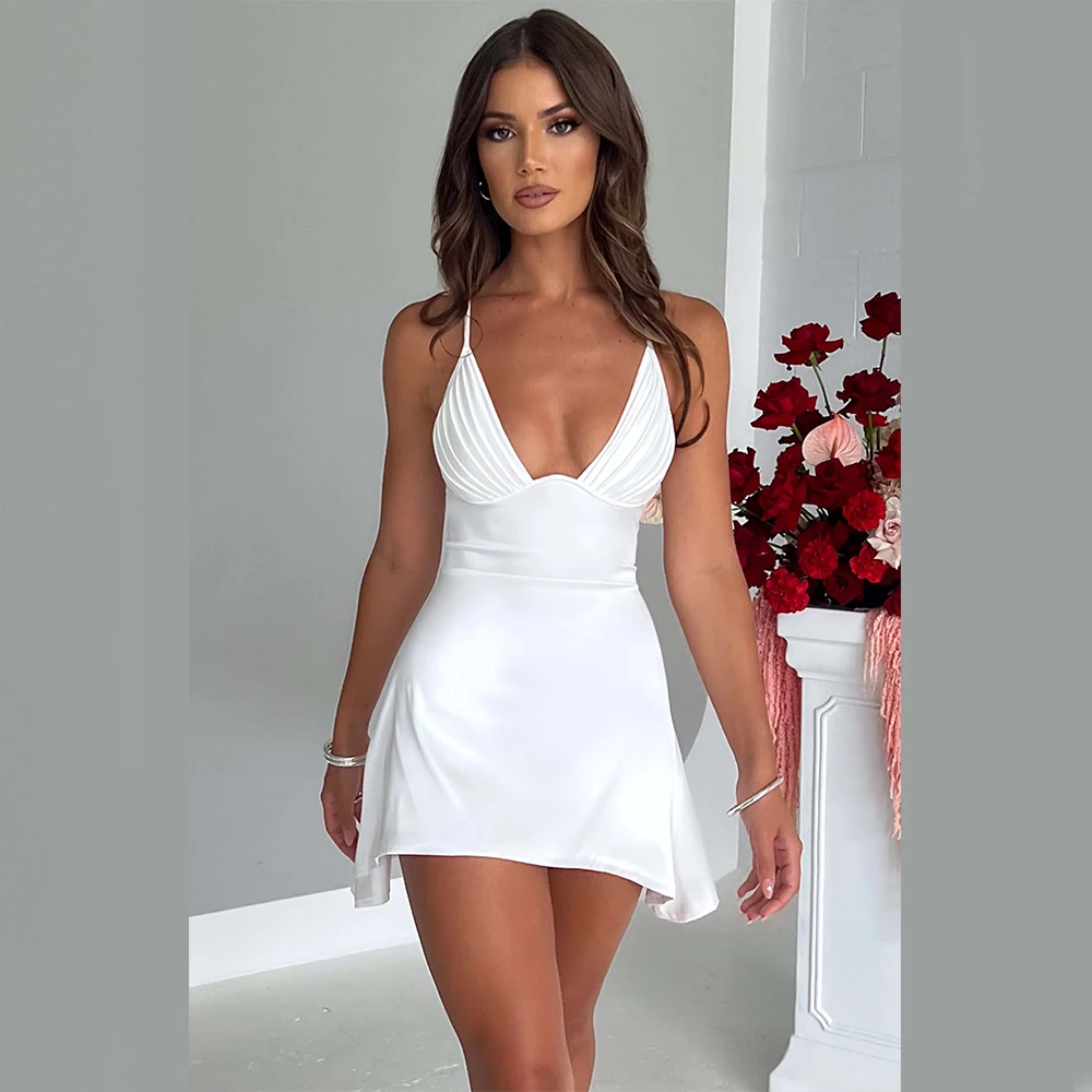 Sexy Outfits Pleat V Neck Womens Dresses Backless Criss-cross Padded Double Layer Satin Mini A Line Club Dresses