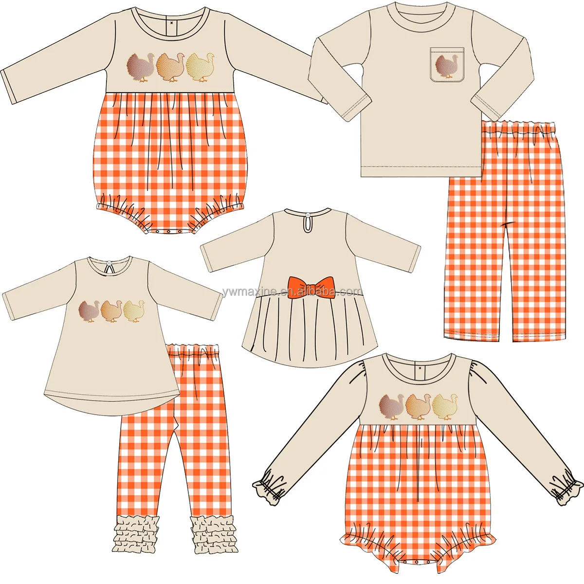 Thanksgiving infant smocked clothing ruffles puff sleeve dress turkey French Knot smocking heart pocket girls outfits for fall