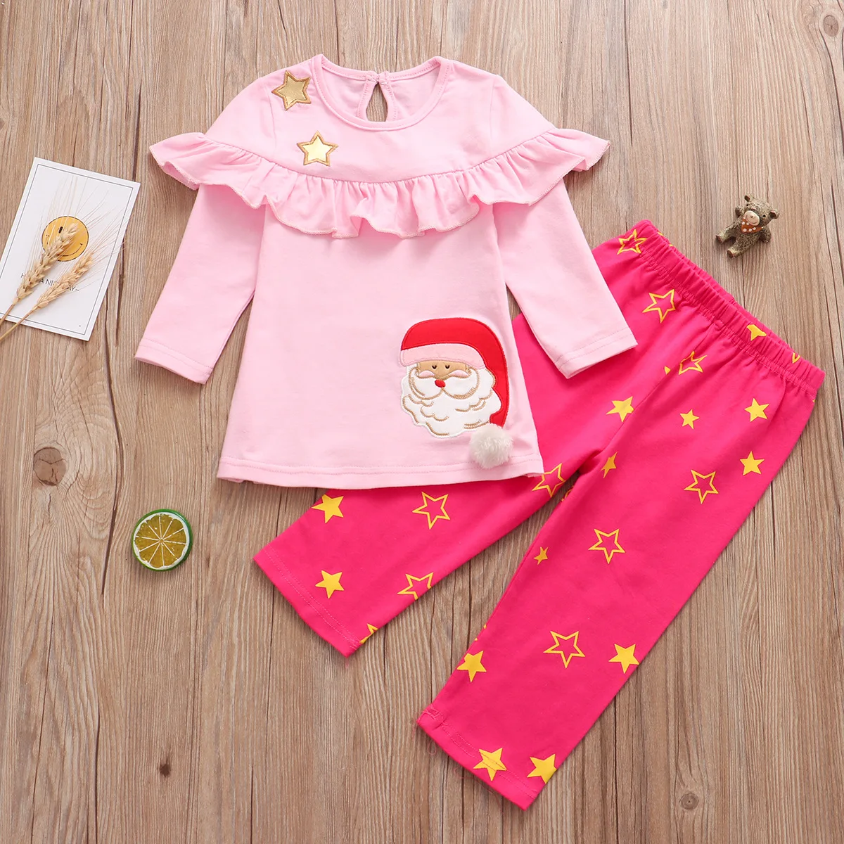Girl Clothing Set Cute Pink Ruffle Long Sleeve Shirt +Star Rose Pink Pants 2 pcs Kid Coming Home Outfit for Christmas Season