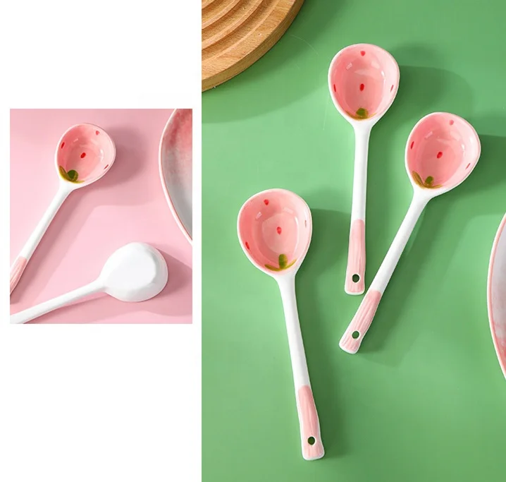 pink lovely cute strawberry coffee spoon long handle tea dessert ice cream ceramic spoons