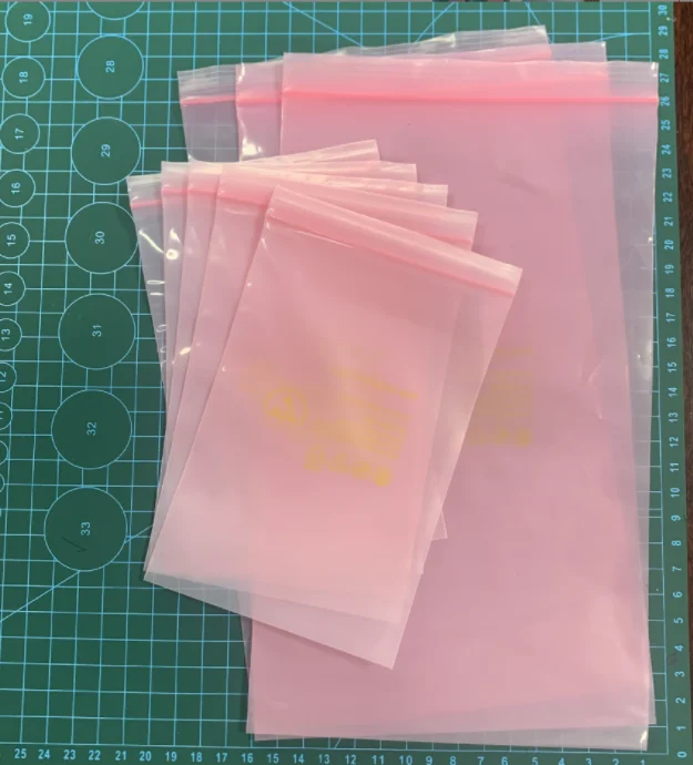 Pink Anti-Static Flat Poly Bags and polyethylene film protect electronic components from static build up as well as moisture