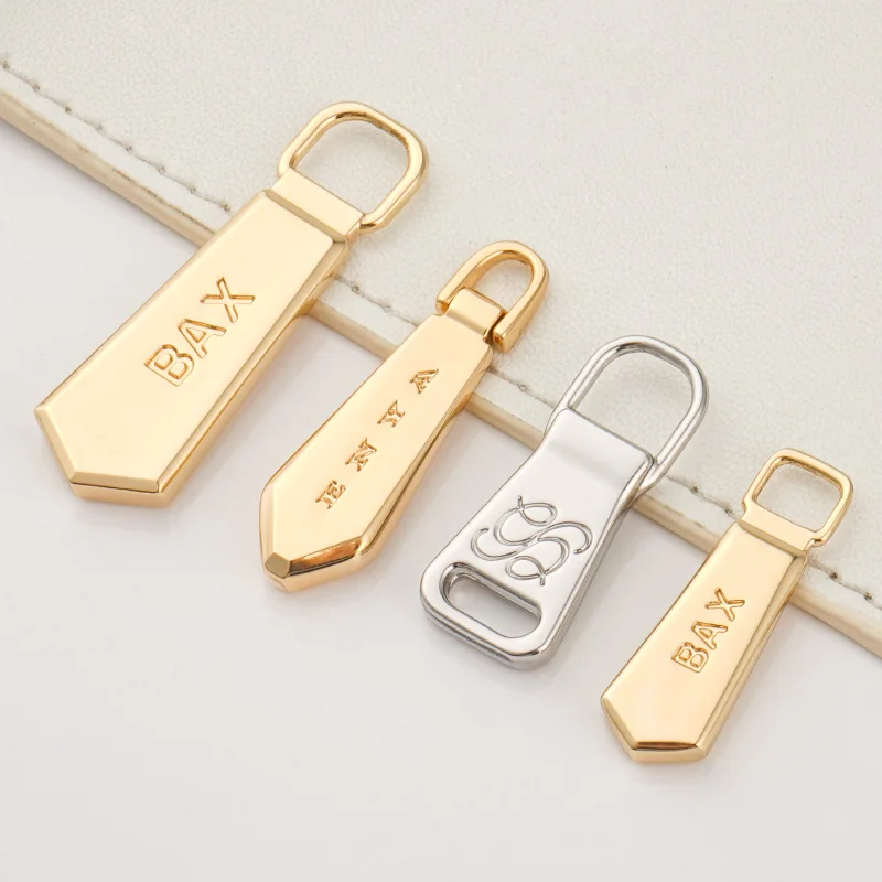 Purse Bag Hardware Custom Zipper Slider 5# Zip Puller Engraved Logo Metal Puller Zipper Gold Metal Zipper Pull for Handbags