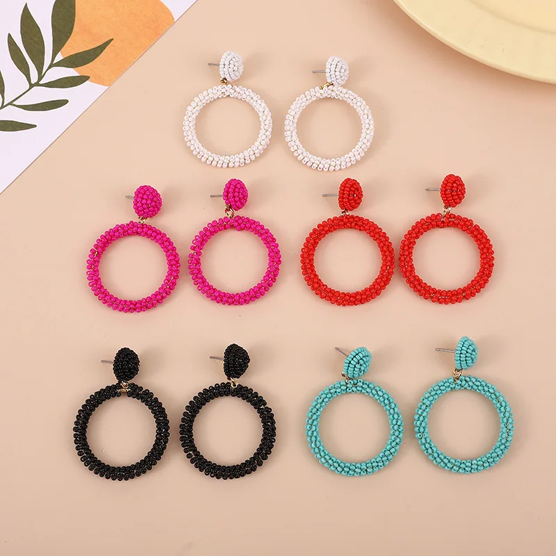 KL Wholesale pendientes de cuentas Bohemian mixed color statement hand made bead drop large hoop beaded earrings