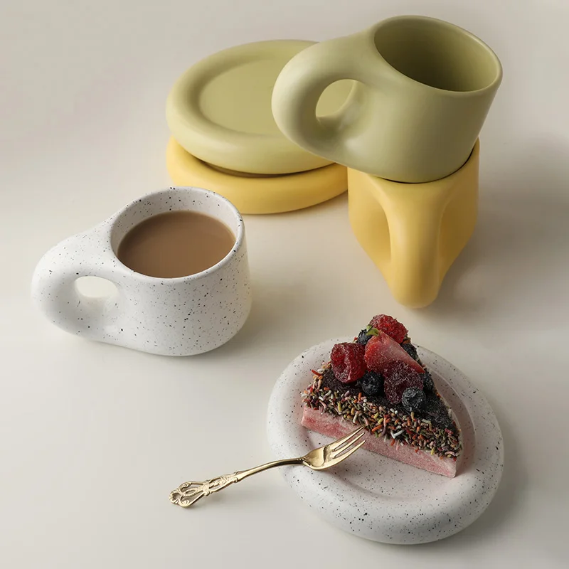 Creative Handmade Fat Handle Mug and Oval Plate Wholesale Ceramic Cup Saucer for Coffee Tea Milk Cake Nordic Home Decor Kitchen