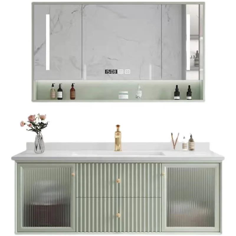 Light luxury bathroom intelligent mirror cabinet combination simple solid wood glass door bathroom