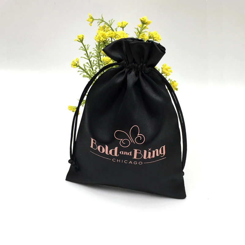 custom logo printed  satin fabric drawstring hair extension packaging wig bag