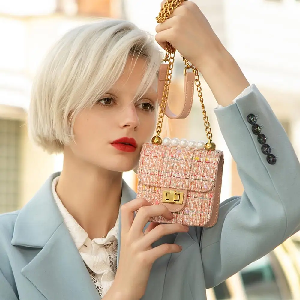 Wholesale Custom High Quality Fabric Mini Phone Bag Handmade Small Leather Metal Hardware Handbag PU Lady Purse Party Pearl