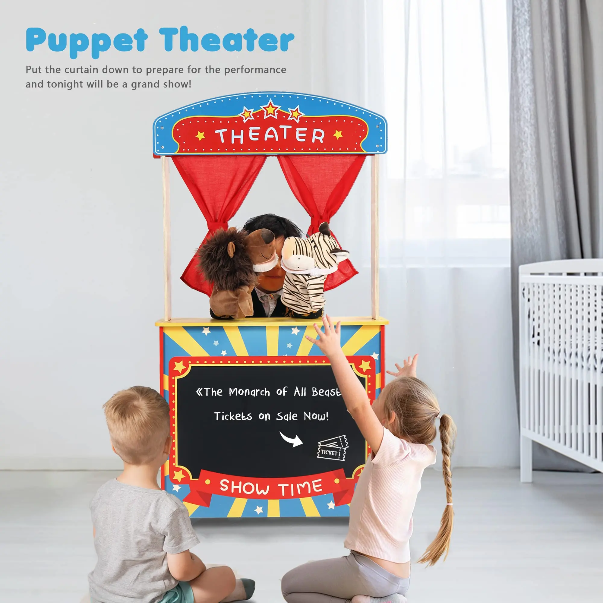 New Design Double-sided Puppet Stage With Chalkboard role Play Fruit Display Shop Kids Wooden Pretend