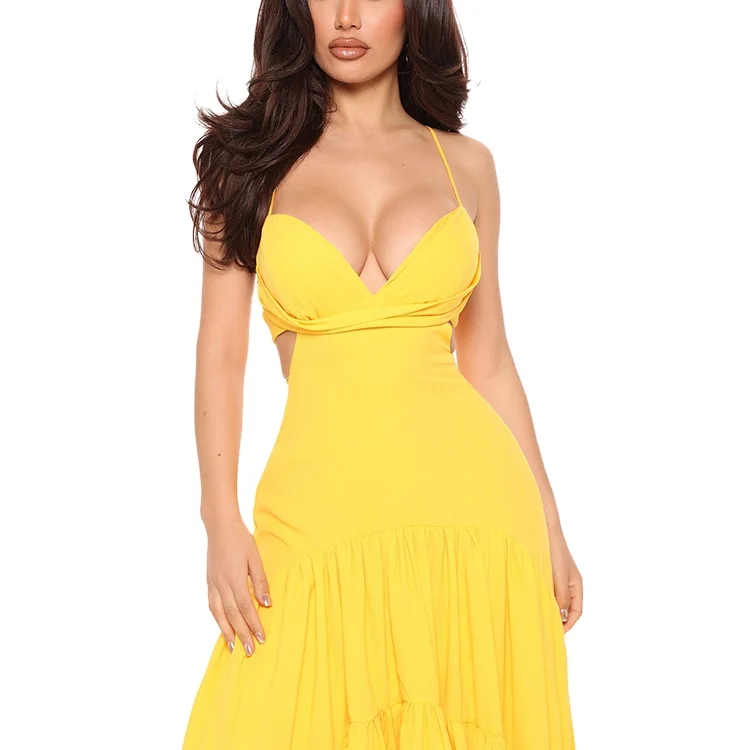 2022 Yellow Womens Club Maxi Dresses Backless Robe Party Kleding Sexy Long Dress