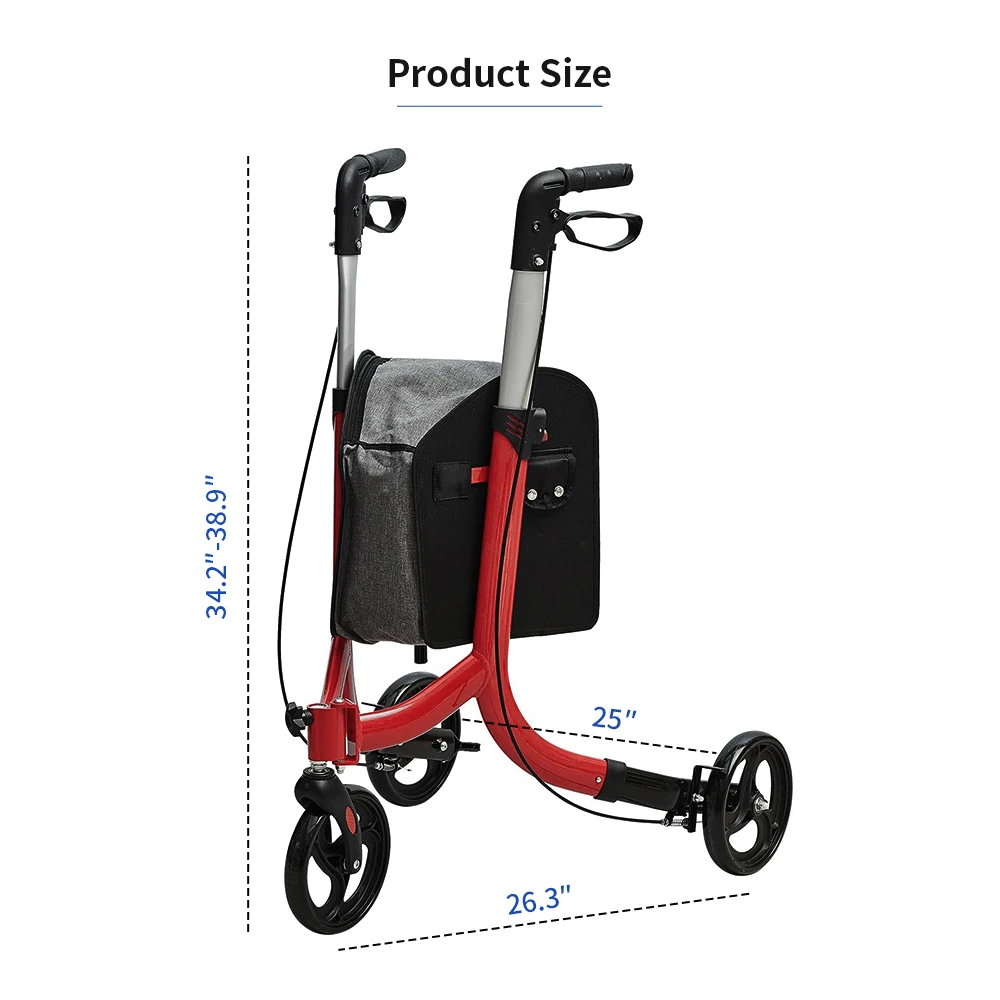 Short delivery time folding walker portable patient adjustable shopping medical outdoor steel rollator walker with bag