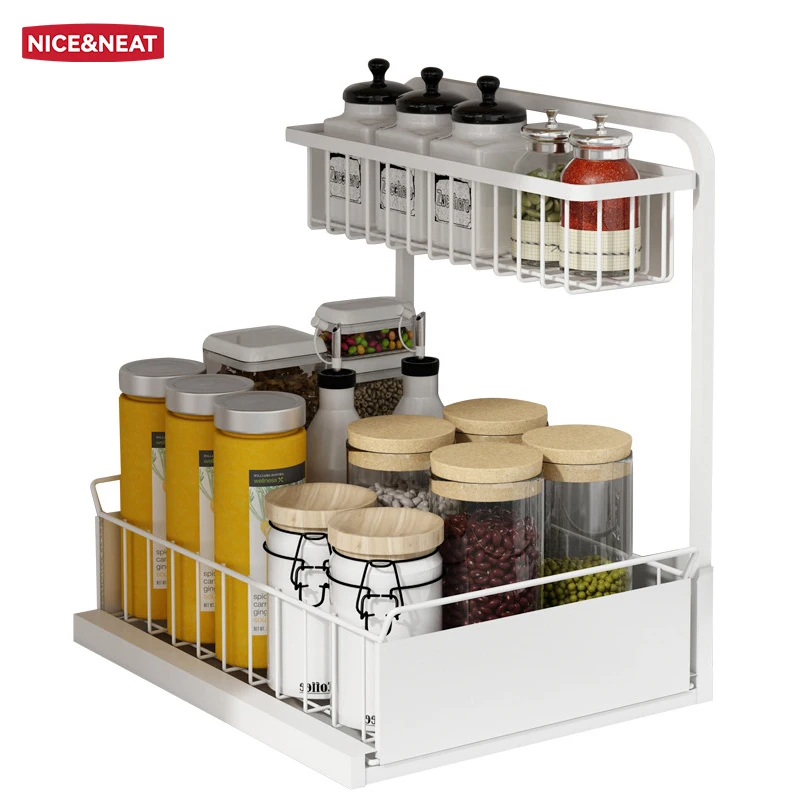 Amazon 2021 Best Sale Canned Snacks Storage Rack Two Sizes Of Black White Lower Cabinet Can Pull-out Design Storage Shelf