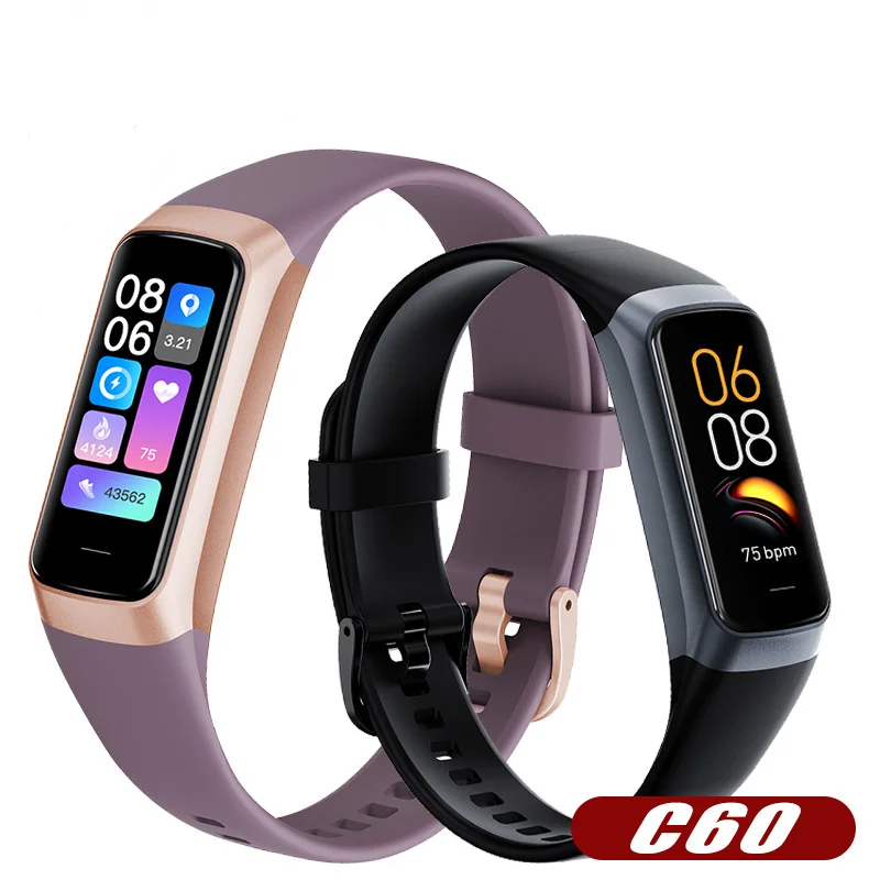 Men 1.1 Amoled Screen Heart Rate Blood Pressure Waterproof Body Temperature Tracker Fitness Smart Bracelet Watch C60