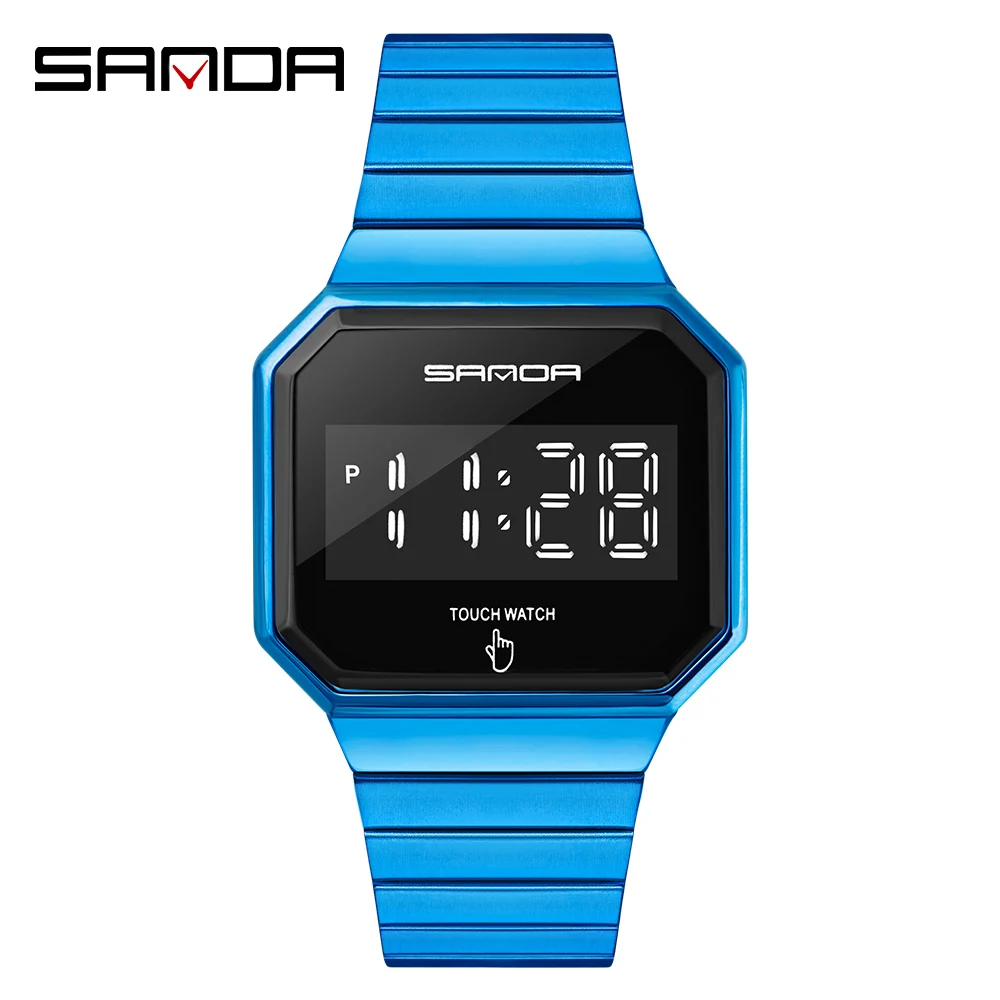 Sanda 8001 Роскошные светодиодные наручные часы с сенсорным экраном для мужчин светящиеся водонепроницаемые стальные