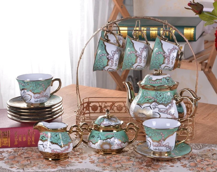Tea Sets British Royal Series Saucer Service with Teapot Cream Pitcher Teaspoons and tea strainer for Tea/Coffee, Pukka Home