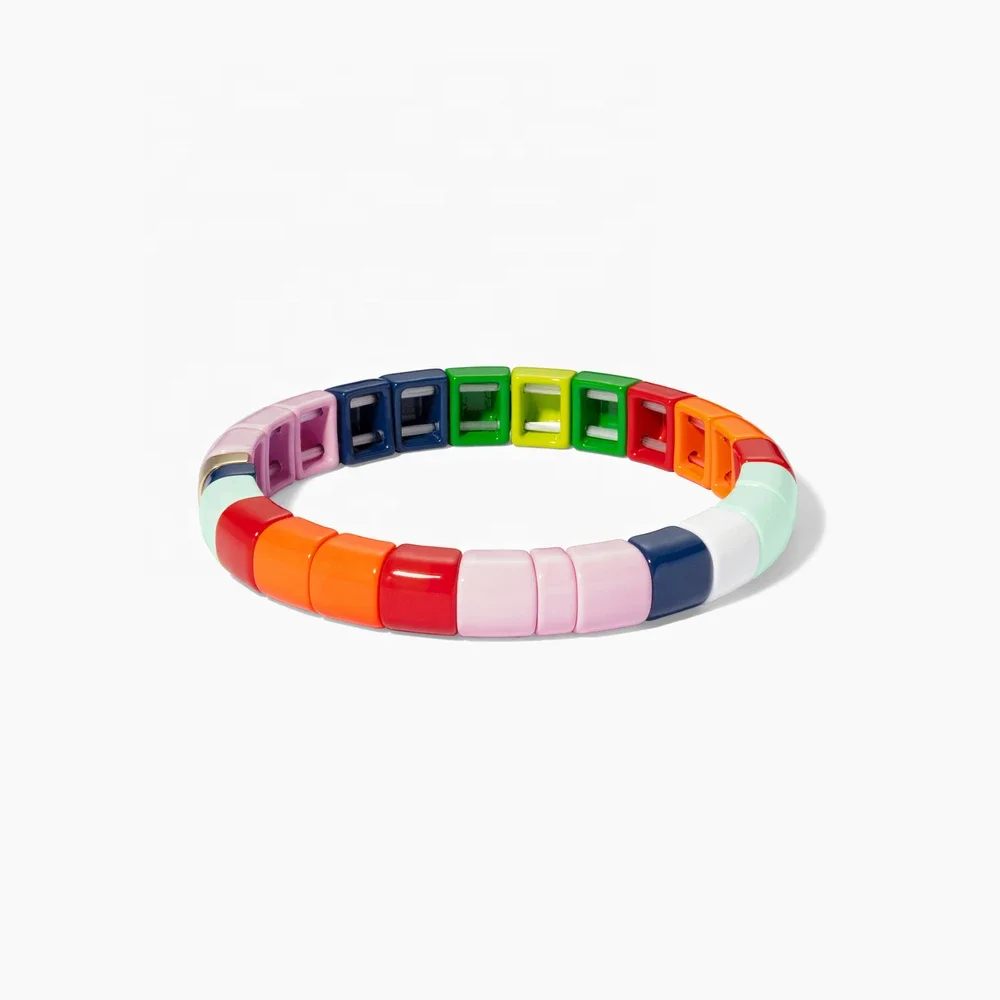 
customized Colorful Enamel Argyle Bracelet Friendship Tile Bead Stretchy Bracelet Rainbow Enamel Alloy Tile Beads Wholesale 