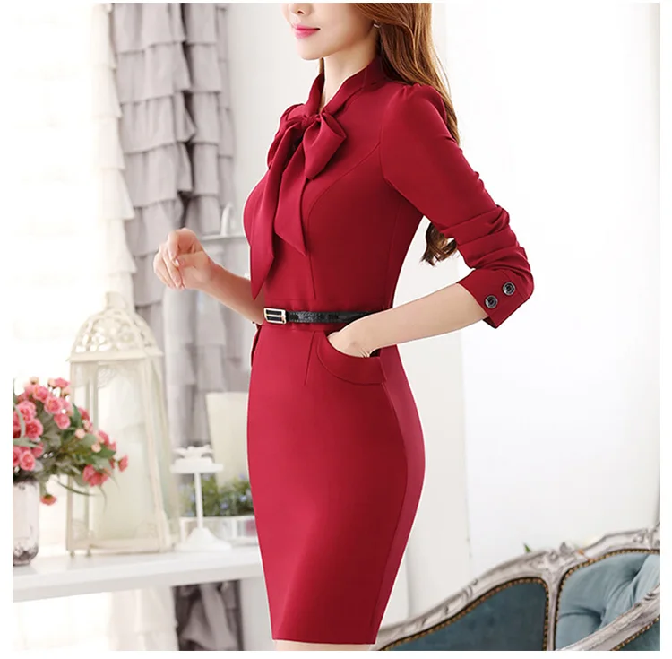 Custom new fashion solid red color bow collar formal office ladies dress with belt