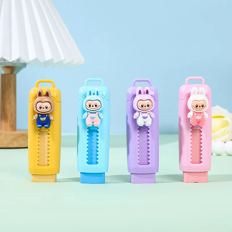 hot selling student cartoon labubu yiwu lovely school gift pencil products colorful stationary push pull press eraser for kids