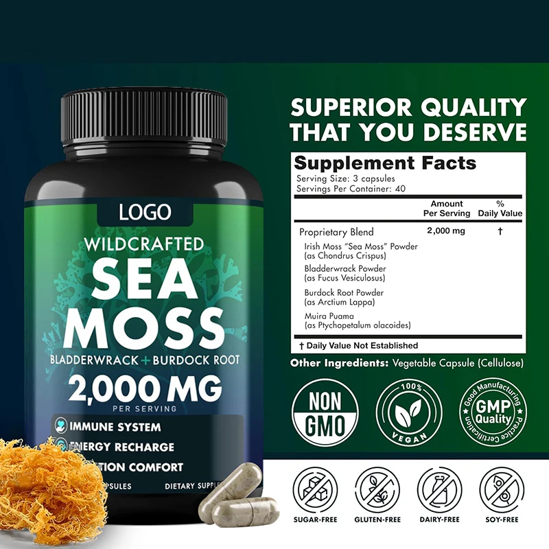 Organic Sea Moss Capsules 3000mg black seed oil Plus Bladderwrack Burdock Root Pure Sea Moss Capsule