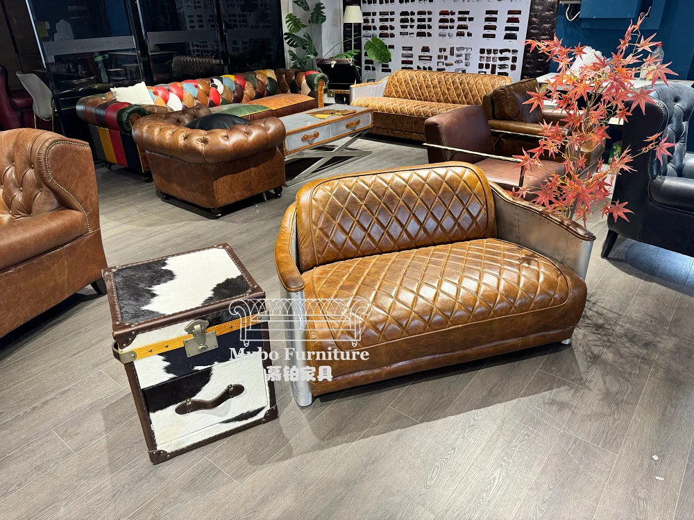 Industrial loft american vintage antique leather 3 seater aviation sofa set