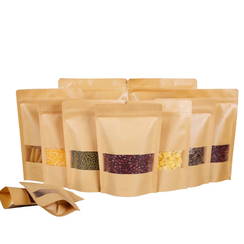 Small Back Seal Bag Kraft Paper Bags With Window Food Packaging Bag Brown Jagged Style Granules Packaging Customized Candy Snack