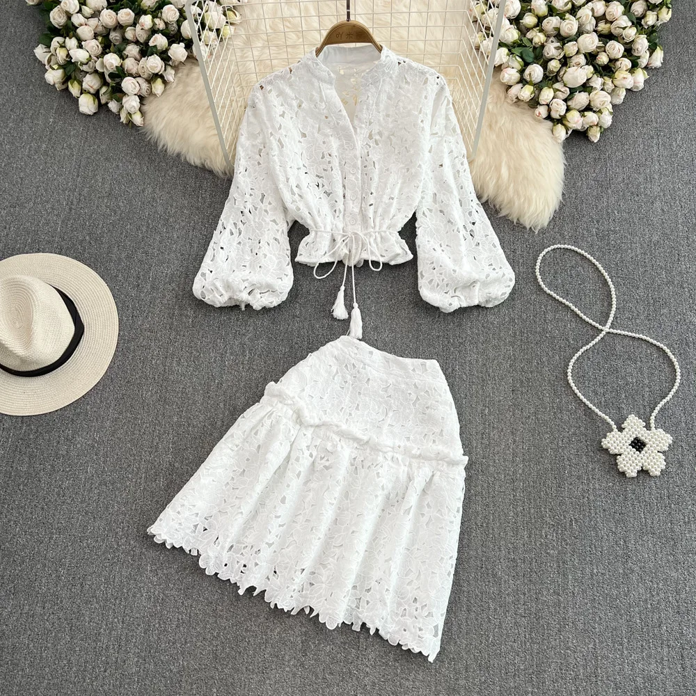 V-neck hollowed-up embroidered lantern sleeve short blouses for women two-piece set bump high waist slimming A-line skirt