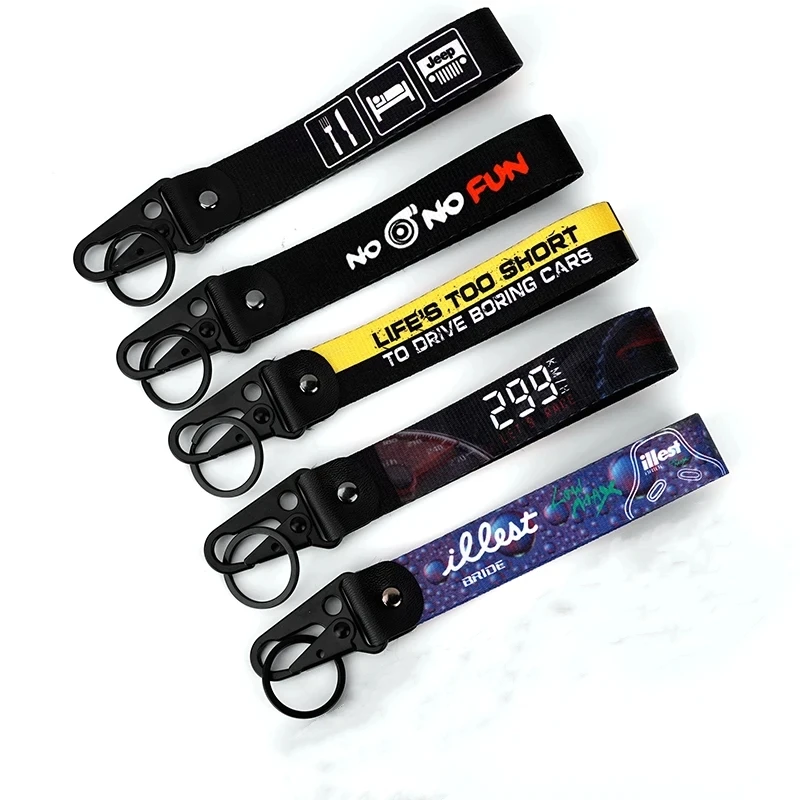 Embroidered Tag Keychain Fabric Label Short Wrist Strap Polyester Lanyard Keychain Motorcycle Keyring Custom Key Chain With Logo