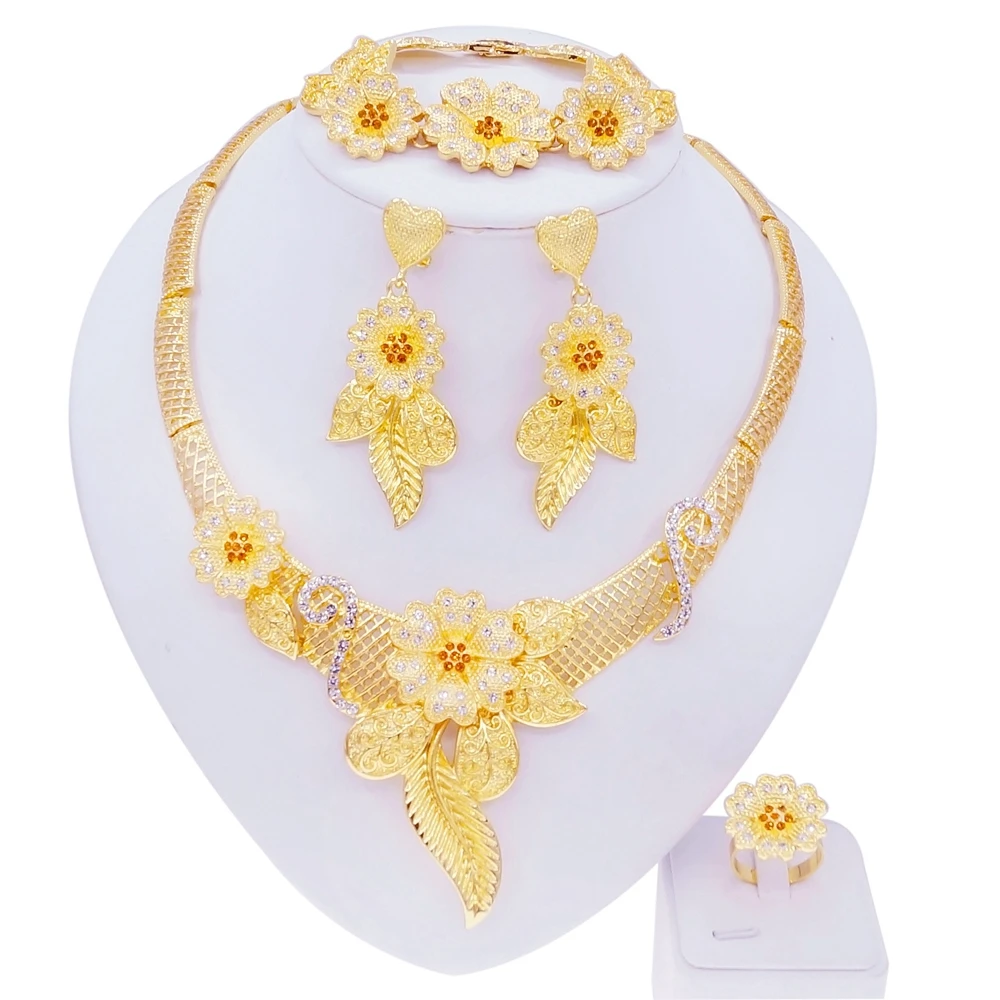 Yulaili Dubai 24K Gold Plated Fashion Rich Ladies Celebration Accessories Gold Flower Necklace Earrings Bangle Ring Jewelry Set