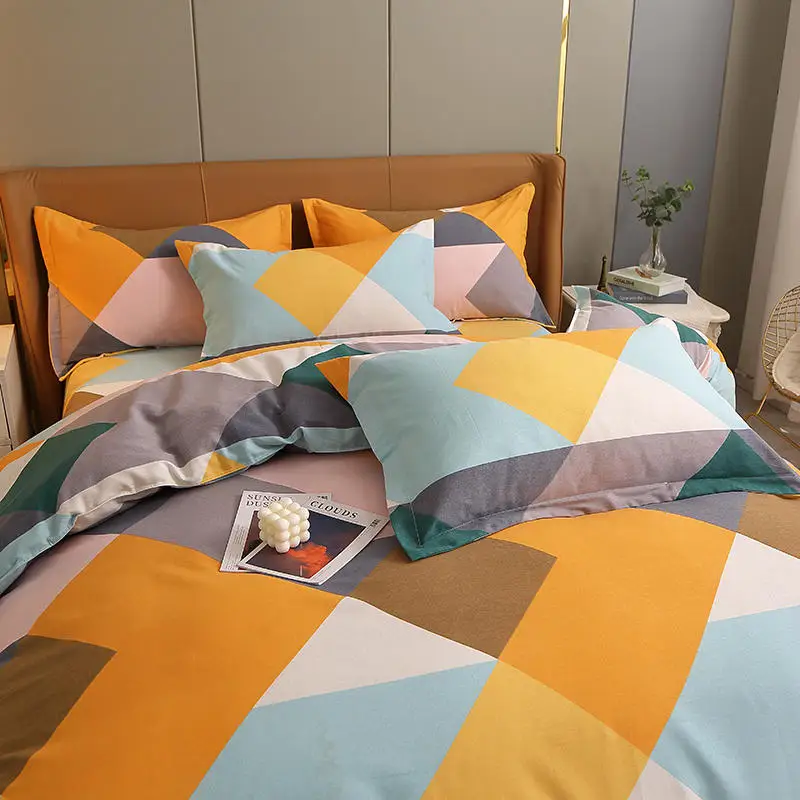 Japanese styles Geometric block embroid 4 Pieces Full Cotton brushed Fabric Kids Bedding Set