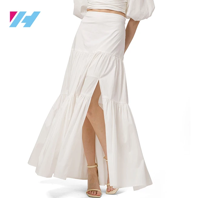 Ladies Bohemian Maxi White Long Skirt High Waist Summer Split Women Ruffle Skirts For Women