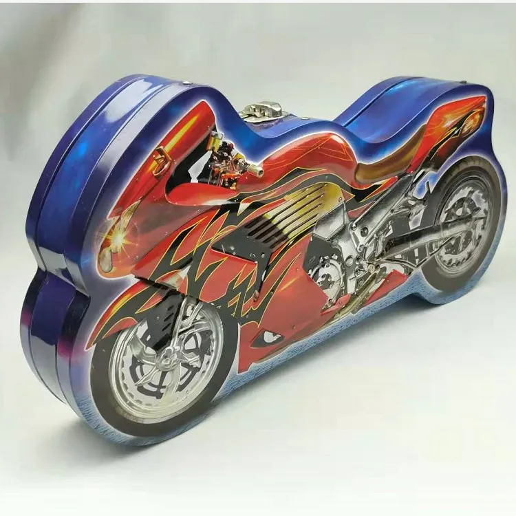 High quality children gift 2 wheels large motorcycle shaped tin box with lock