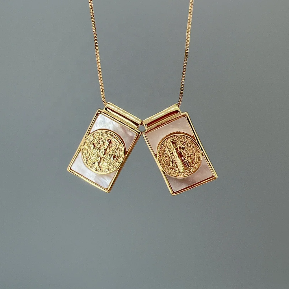 Religious Saint Benedict Cross Guadalupe Necklaces Natural Sea Shell Pendant Neck For Women Wholesale Custom