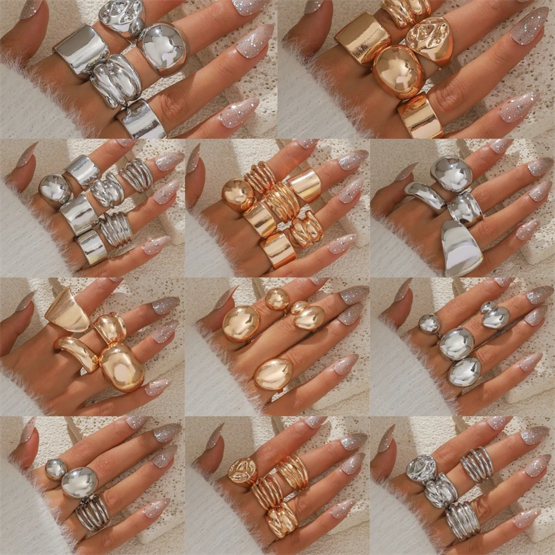 Fashion Punk Jewelry Exaggerated 18k Gold Plated Ring Set Big Thick Chunky Jewelry Rings for Women