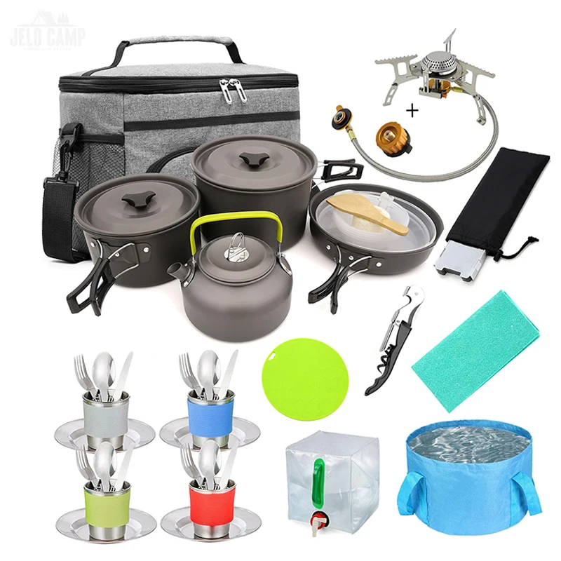 Popular Camp Cookware kit kettle Sinsulated bag & Water Bag Hiking Stove Travel outdoor accessories Camping Tableware Sets
