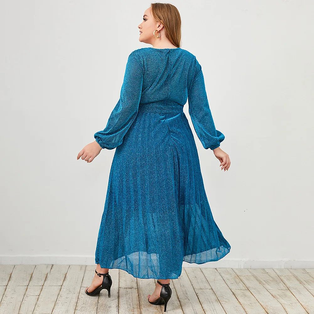 2022 Spring And Fall Solid Blue Shiny Plus Size Clothing Long Sleeve Pleated Maxi Ladies Elegant Dress With Belt