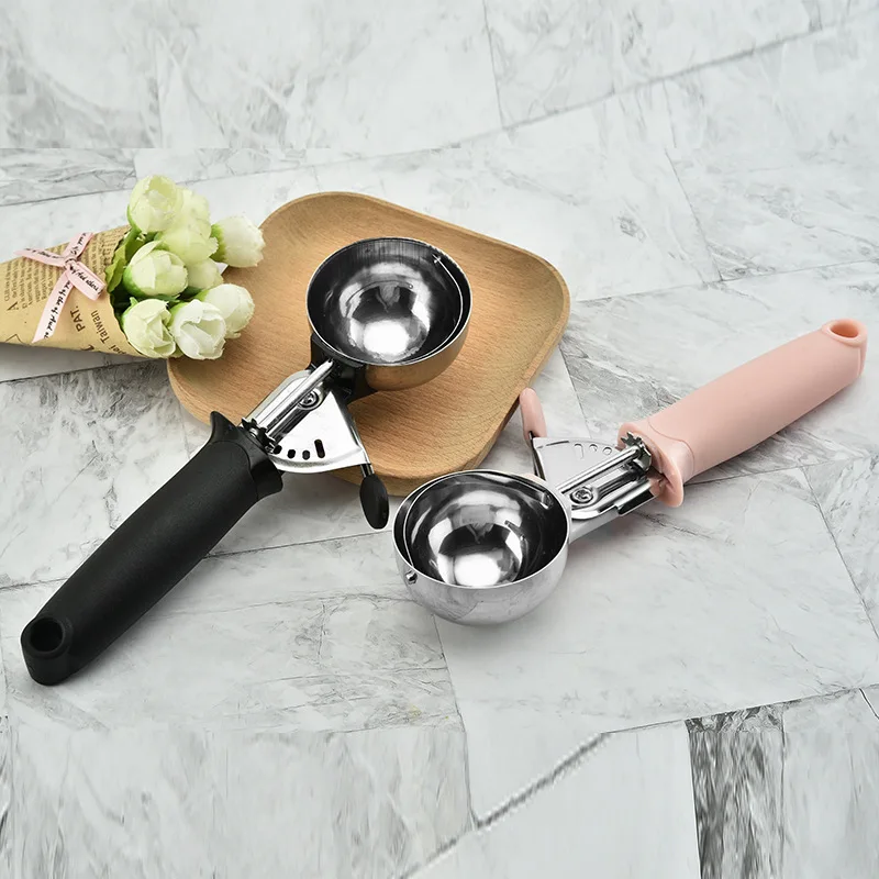 Customized logo 430 stainless steel spoon ice cream scoop with pink and black plastic handle