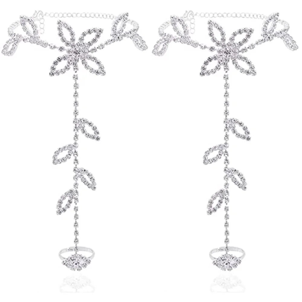 Bohemian Rhinestone Leaf Hand Harness Bracelet Crystal Anklets With Toe Ring Beach Wedding Rhinestone Barefoot Sandals For Women