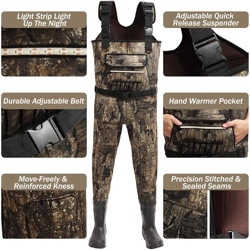 New Style 100% Waterproof 5mm Neoprene Fly Fishing Waders for Men Camo Hunting Chest Waders with LED SYSTEM